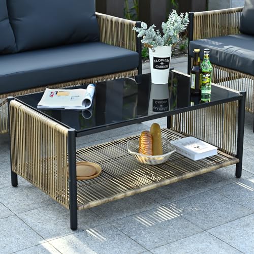 Image of 6 Pieces Aluminum Outdoor Patio Furniture Set - 4 Pcs Armchair, Loveseat & Dual-Layer Coffee Table - Rope Sectional Conversation Sofa Sets with Washable Thick Cushion for Garden Backyard Porch