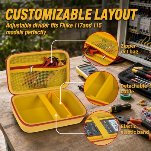 Image of Comecase Hard Multimeter Case for Fluke 87V MAX 87V 88V 179 with Holster | Divider & Zippered Mesh Storage for Test Leads, Probes, Workshop and Field Use, Yellow, Case Only