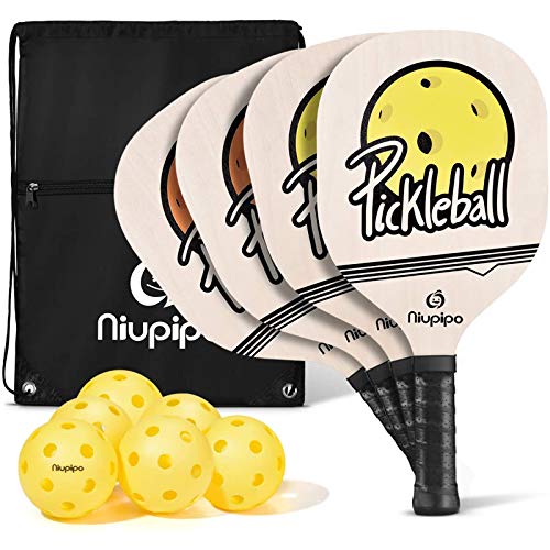 niupipo Wood Pickleball Paddles 4 Pack, Wooden Pickleball Set with 1 Carry Bag and 6 Balls, 7-ply Basswood, Pickleball Rackets with Ergonomic Cushion Grip, Pickleball Rackets, Yellow and Orange