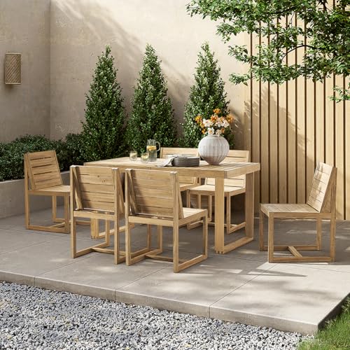 mopio Bruno Outdoor Dining Set, Solid Acacia Wood Patio Table & Chairs Set for Indoor Outdoor Dining, Mid Century Modern Farmhouse Conversation Sets (6 Seater: Table, 6 Chairs | 7 Piece)
