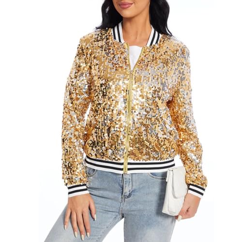 Womens Sequin Jacket Party Festival Outfit Long Sleeve Zipper Up Stylish Glitter Blazer Bomber Jacket Gold