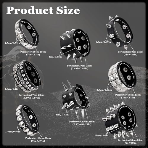 Pulseras de cuero con pinchos negro punk ajustables para hombre y mujer miniatura 2