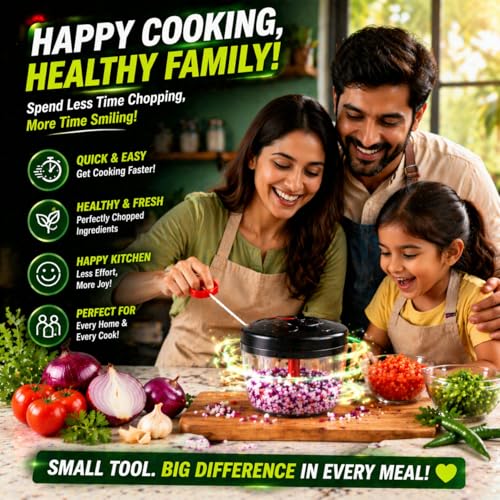 Image of Manual Pull String Vegetable Chopper for Kitchen | Strong Rope Onion Cutter, Garlic & Veg Cutter | Durable Hand Pull Food Chopper with Stainless Steel Blades