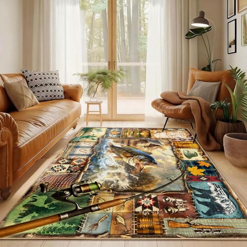 Tapete rústico para sala 5x7 ft con diseño de pesca miniatura 5