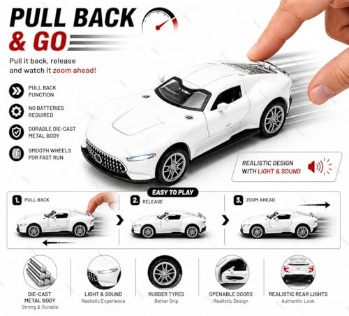 Image of Mercedes Vision GT Die-Cast Toy Car for Kids - 1:36 Scale Pull Back Metal Model with Openable Doors, LED Lights & Music - Alloy Mini Car for Boys & Collectors【Color As Per Stock】