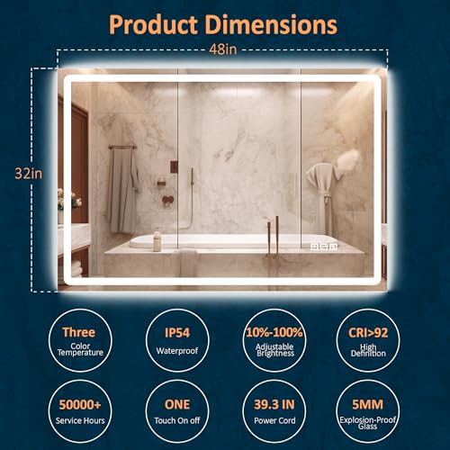 DURASPACE 48 x 32 inch Led Lighted Bathroom Mirror Dimmable Vanity Wall Mirror Anti-Fog Memory Mirrors for Bathroom Vanity (Vertical/Horizontal) by DURASPACE - Image 5