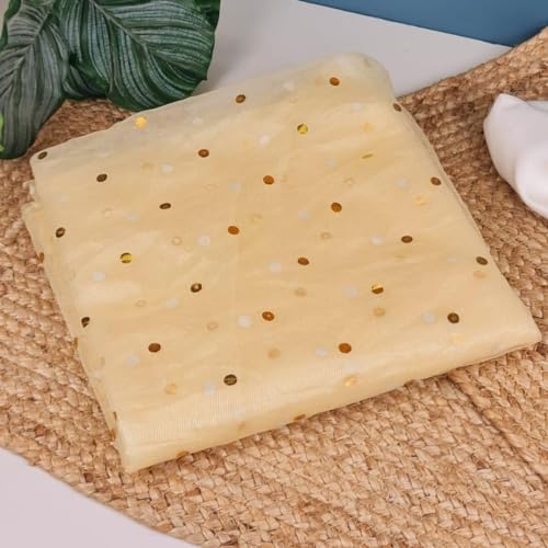 Image of SATYAM KRAFT 5 Meter Multipurpose Net Fabric Cloth for Diwali,Deepawali,New Year Setup for Home, Ganpati Decoration Item, Pooja Background, Mandap & Festive Decor. (Golden Polka Dot) (5 Meter)