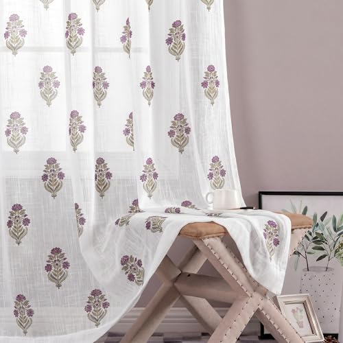 Image of LINENWALAS Decorative Cotton Linen Sheer Curtains 5 Feet for Window -Block Printed Door Curtain | Grommet Hanging Style Pack of 2 Panels |Light Filtering Sheer Drapes (Lavender Sage)