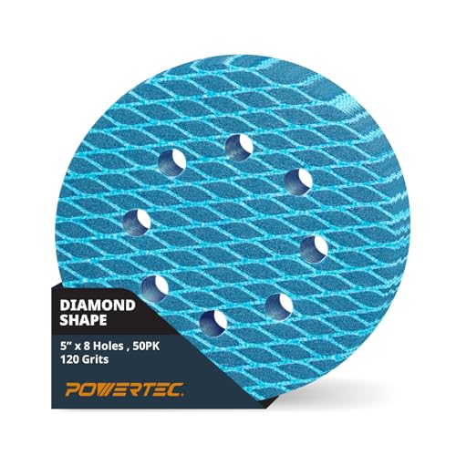 Image of POWERTEC 5 Inch 8-Hole Hook and Loop Diamond Shaped Sanding Discs, 50PK, 120 Grit for Random Orbital Sanders - J-Weight Cloth Backing for Long Life, Anti-Clog Sandpaper (44912)