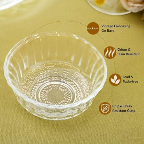 Image of Nestasia Glass Bowls Set of 6 (320ml Each) - Chip Resistant & Toxin Free Snack & Dessert Bowls with Gift Box | Vintage Style Transparent Katori for Kitchen & Dinner - Perfect for Gifting