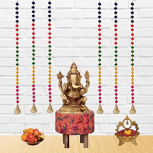 Image of DSCYENTES Pom Pom Door Side Hangings for Decoration, Ganesh Chaturti Decoration, Wall Hanging for Main Entrance,Temple Pooja Room, Stylish & Handmade Diwali Hanging (3 Feet, 6 Pc's)