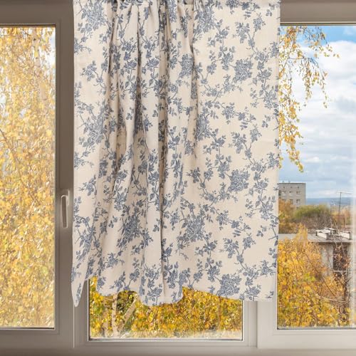 Cortinas pequeñas azules de algodón y poliéster para ventanas 8