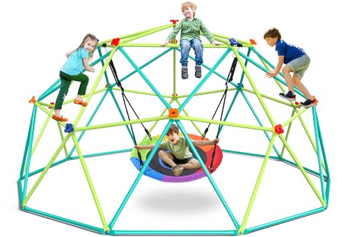 Hapfan 10 ft Climbing Dome Swing Set with Saucer Swing, Jungle Gym for Kids Outdoor Backyard, Supports 800lbs, Easy Asssembly, Rust-Resistant Outdoor Playset for Ages 3-8 8-12