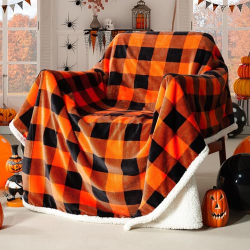 Touchat Halloween Blanket Twin Size 60" X 70",Fall Autumn Harvest Sherpa Fuzzy Fluffy Soft Cozy Blankets, Fleece Flannel Plush Microfiber Throw for Couch Bed Sofa, Halloween Decor (Orange)