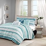 Madison Park Quilt Set Cottage Coastal Design, 6 Piece Set - All Season, Coverlet Bedspread Lightweight Bedding Layer, Shams, Toss Pillows, Full/Queen(90 in x 90 in), Aqua/White