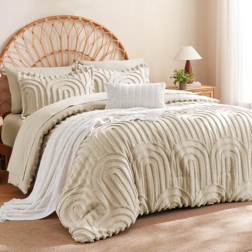 Image of MR&HM Boho Comforter Set King 7pcs, Linen Western Arch Tufted Bedding Set