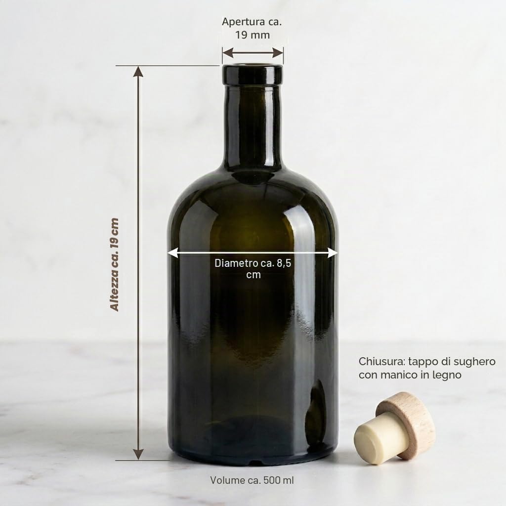 gouveo Set 12 bottiglie in vetro 500 ml classiche antiche con tappo in sughero (HGK) - bottiglia vuota 0,5 l in vetro per riempimento - bottiglia in vetro per liquore, gin, olio, aceto (KFA500HGK)
