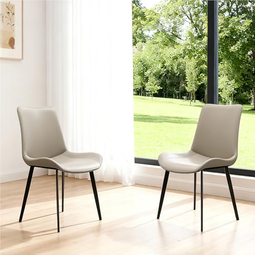 Image of Modern Dining Chairs Set of 2, PU Leather Dining Room Chairs, Upholstered Kitchen Chairs with Ergonomic Backrest & Sturdy Metal Legs, Perfect for Dining Room, Living Room, Light Grey
