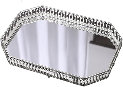 Espejo colgante de pared con bandeja de metal para baño o dormitorio, bandeja de espejo de tocador de estilo vintage para exhibición de maquillaje y