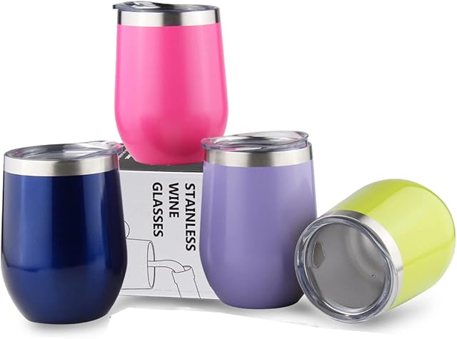 Sivaphe Cups Stainless Steel Wine Tumblers Insulated Double Walled Coffee Tea Glasses with Lids for Camping Home Office Party 12OZ Set of 4 Green Purple Rose Red Navy Gifts Families