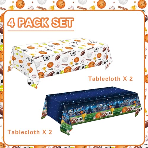 Image of LINHAXM 4 Pack Sports Tablecloths, 54 x 108 Inch, Multicolor, Rectangular, Plastic, Sports Party, Spill Resistant, Wipe Clean