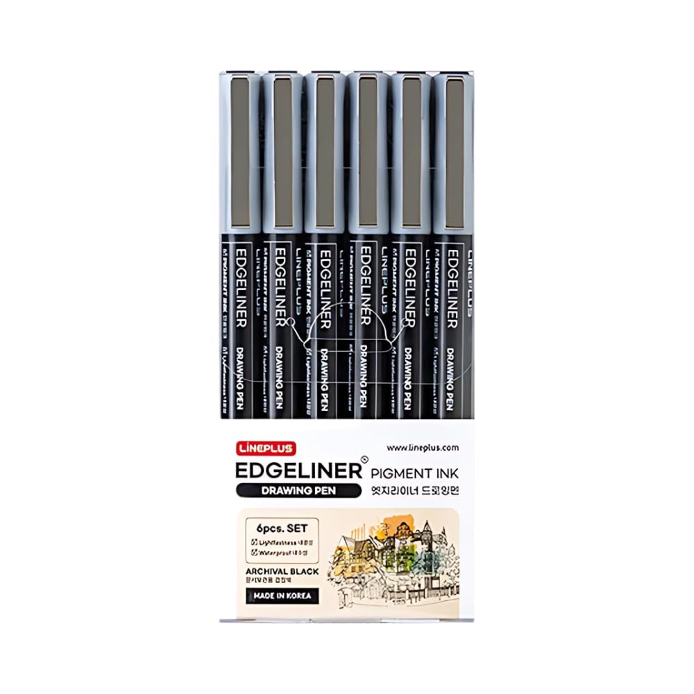 LINEPLUS Edgeliner Pigment Ink Pen Set - Made in Korea | 6 Assorted Tip Sizes for Professional Drawing, Sketching & Illustration | Waterproof, Fade-Resistant Archival Ink