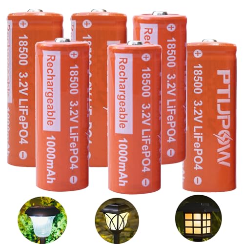 PTIJPOW (6-Pack) 18500 3.2V LiFePO4 Solar Batteries, 18500 3.2V 1000mAh Lithium Iron Phosphate Rechargeable Solar Battery for Outdoor Solar Lights (Not AA Battery)