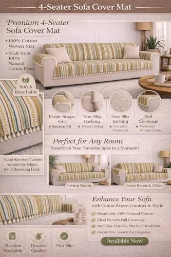 Image of Gifts Island 4 Seater Cotton Sofa Cover Mat | Anti Slip Sofa Cover Throw | All Over Furniture Protector with Elastic Straps | Washable Couch Cover for Living Room (Brown, 4 Seater)