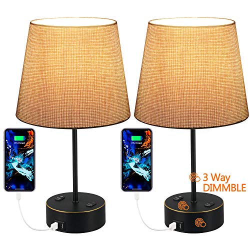 USB Table Lamp, Gray Fabric Shade Bedside Table Lamp with Two AC Outlet Fast Dual USB Charging Ports, Modern Design Desk Lamp Ideal for Bedroom,Office,Guest Room, Kids Room 2Pack