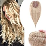 Hairro 18 Inch Silk Base Clip in Human Hair Topper for Women Ash Blonde Mix Dark Blonde Highlight...