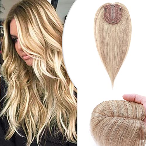 Hairro Silk Base Human Hair Topper for Women 6 Inch Short Clip in Hair Filler Extension Ash Blonde Mix Bleach Blonde Clip on Toupee Hairpieces with 4 Clips for Thinning Hair #18/613
