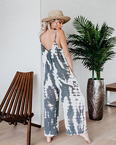 X-Image Women's V Neck Tie Dye Printed Adjustable Spaghetti Beach Long Jumpsuits With Pockets Tie Dye Grey, Xxl #TOP1