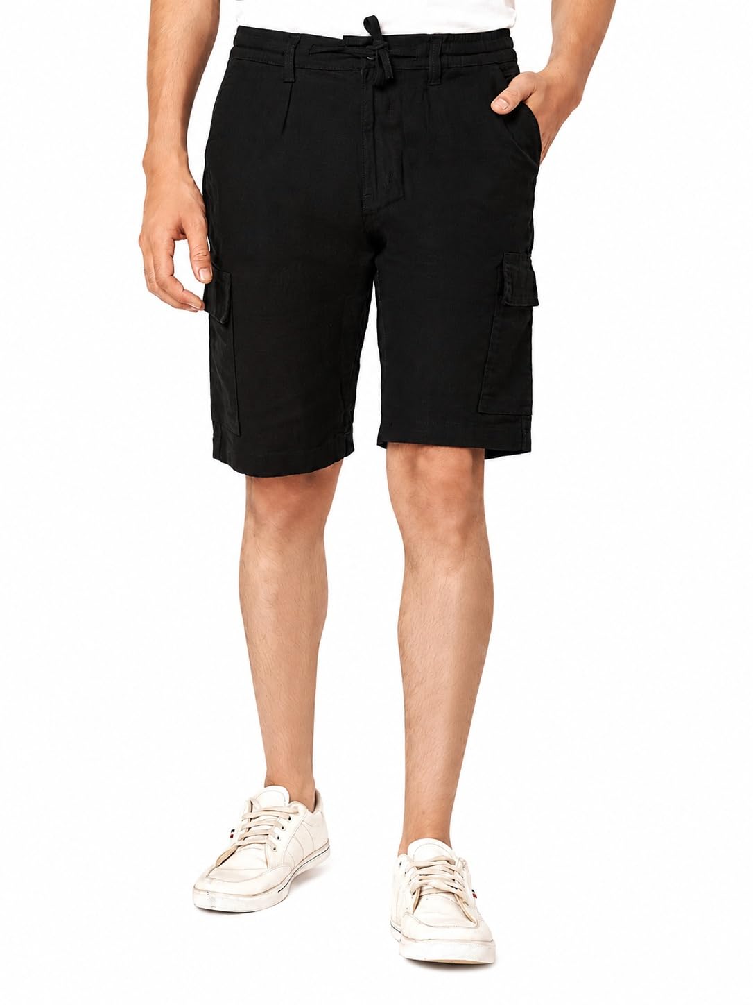 Men's Mid Waist Knee Length Regular Fit Linen Cargo Shorts-picture-33