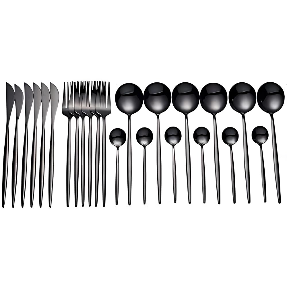 TOMVAES24-Piece Kitchen Cutlery Set with Stainless Steel, Elegant Flatware Sets for Home, Party, Hotel, and Restaurant Use, Durable Silverware Set, Anti-Rust, Easy to Clean (Black)