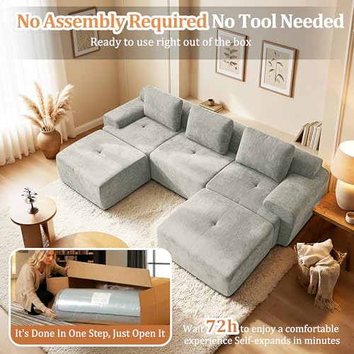 Image of 122 inch U-Shaped Modular Sectional Sofa, Oversized Boneless Cloud Couch for Living Room with Extra Deep Seat & High Back, Tool-Free No Assembly, Soft Chenille (Light Grey, 122 inch-U Shaped（3+2）)