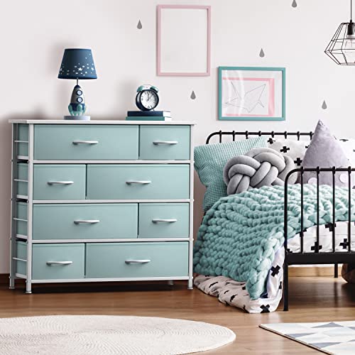 Sorbus Dresser with 8 Drawers - Steel Frame, Wood Top, Fabric Bins (Aqua)