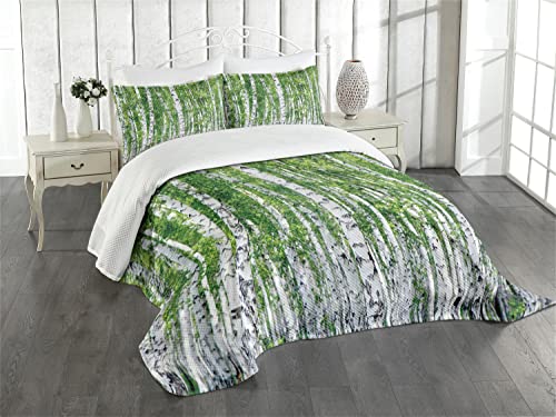 Ambesonne Birch Tree Bedspread, Fresh Green Leaves Summer Forest Rural Landscape Environmental Image, Decorative Quilted 3 Piece Coverlet Set With 2 Pillow Shams, Queen Size, White Green #TOP25
