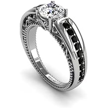 Unique Engagement Ring 14K White Gold Vintage Art Deco Victorian Ring Edwardian Ring White diamond With Black Diamond - Gabriella