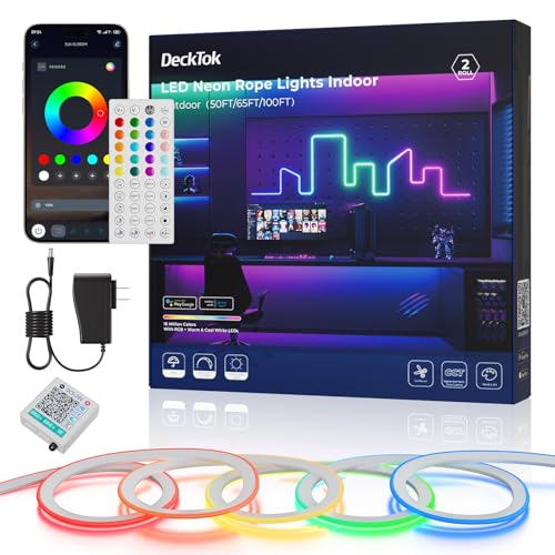 DeckTok Led Neon Rope Lights - Flexible Led Control with App/Remote Rope Lights 16.4FT Multiple Modes RGB IP65 Waterproof Outdoor Neon Music Sync Gaming Strip for Bedroom Indoor