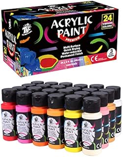 TBC Acrylic Paint Set (2fl oz/60ml), 24 Colours Outdoor Acrylic Paint with 3 Paint Brushes, Waterproof, Non-Toxic Craft Paints for Canvas, Wood, Rocks, Fabric, Leather, Ceramic and Model