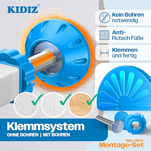 KIDIZ Absperrgitter zum Klemmen mit Katzenklappe, Türschutzgitter, Autoclose Kinder Treppengitter ohne Bohren | 90° Stopp Schutz, schwenkbar, Treppenschutzgitter, Weiß/Blau, Breite: 74-80 cm