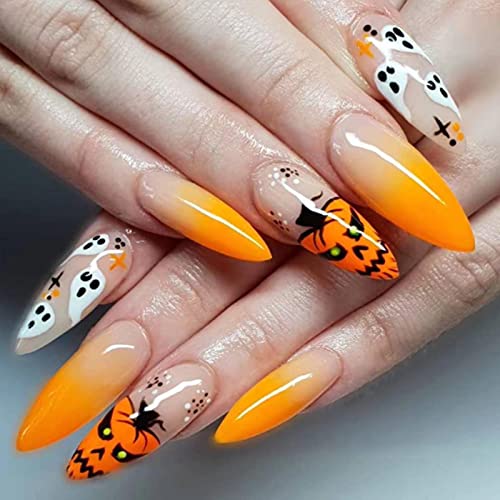 Kamize Press on Nails Medium Halloween Almond Fake Nails Tips Acrylic Full Cover False Nails for Women and Girls24PCS (Halloween Almond Shape5)
