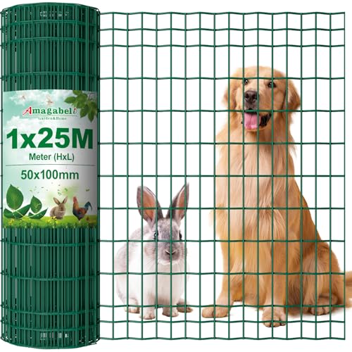 Amagabeli 1M X 25M Gartenzaun Zaun PVC-beschichteter 100 x 50mm 2.1 mm Drahtzaun Maschendraht Wildzaun/Hundezaun Rostfrei Zaunelemente Grünen Maschenweite...