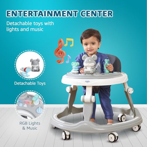 Image of Amazon Brand - Supples Baby Walker (Musical) | Kids Walker with Toys | Baby Walkers for Boys & Girls 9+ Months | Adjustable Height Walker with RGB Lights | Plastic | Grey & White