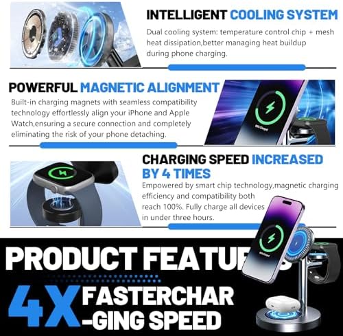 Wireless Charging Station, 3 in 1 Foldable Charger Stand Dock, Wireless Charging Station for Multiple Devices, Compatible with iPhone 17e/Air/17/16/15/14/13/12 Series, Apple Watch & AirPods (Black) — view 2