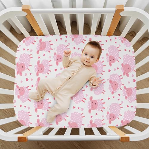 Image of Seamless Pattern of Cartoon Pink Sheep Crib Sheets Stretchy Portable Sheets for Baby Toddler Breathable Soft Crib Mattress Sheet for Girls Boys