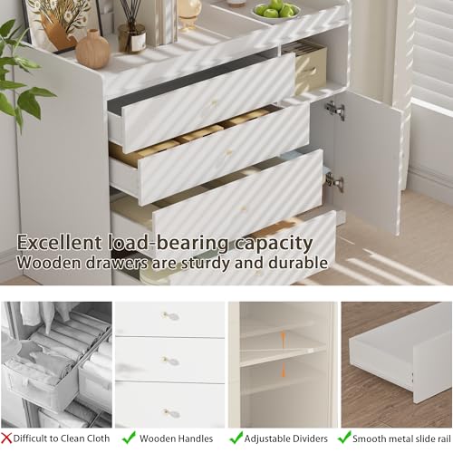 Image of 45.2 inch White Nursery Dresser with 5 Drawers and 1 Open Shelf Changing Table Dresser with Changing Table Top Diaper Changing Station with Storage for Nursery Children's Room