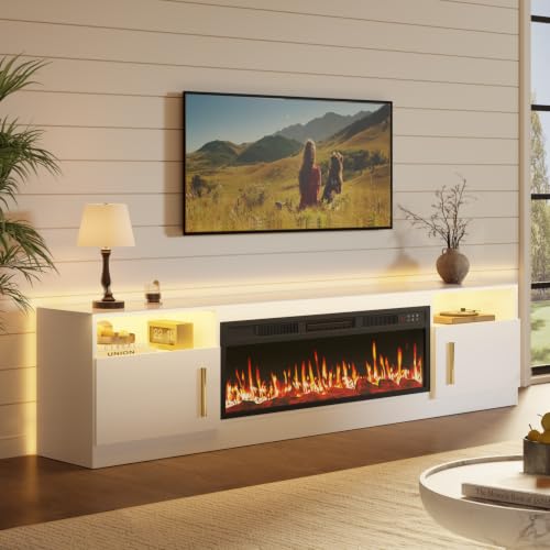 Image of Waleaf 70 inch Fireplace TV Stand with 36 inch Electric Fireplace,20 Colors LED Lights Entertainment Center for Living Room,Large High Gloss TV Console Cabinet for Televisions up to 80+ Inch