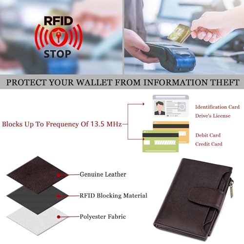 Image of Airkit Small Wallet Women RFID Blocking Genuine Leather Bifold Compact Card Holder Wallet for Women with Zipper Coin Pocket 4 ID Window