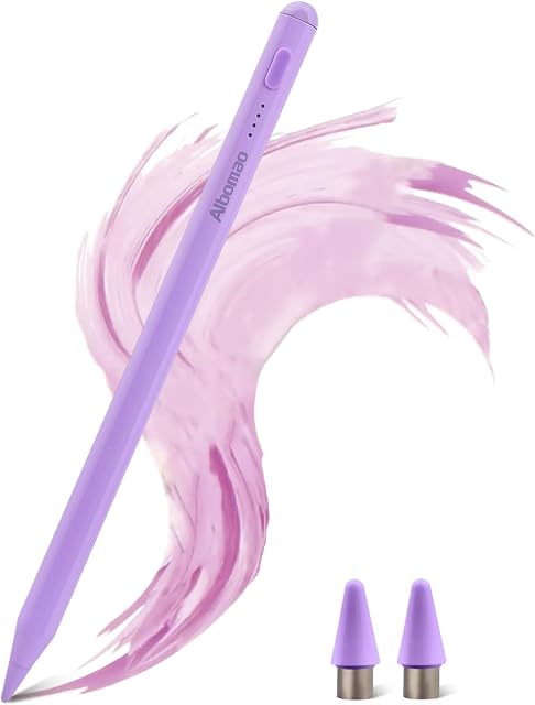 Stylos universel pour iPad iPhone Comprimés Android, pas de Bluetooth ou d'appariement nécessaire, USB-C Chargement rapide, 4 LED Indicateurs de batterie, fonctionne avec la plupart des appareils à écran tactile, Purple